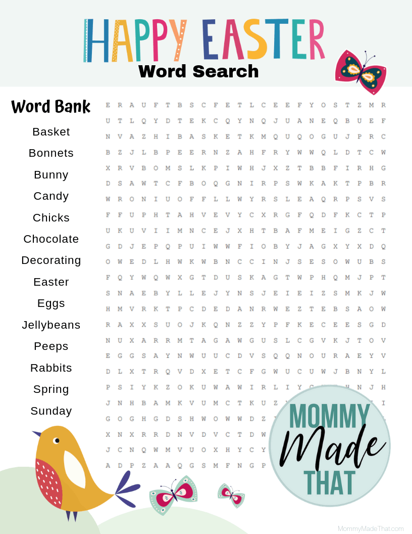 Easter word search. Harder difficulty. Fun Easter printable!