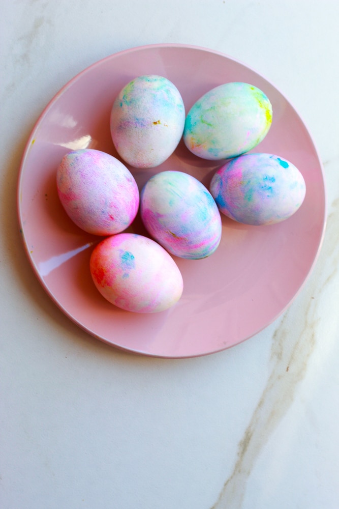 Easter eggs dyed with whipped cream! Fun toddler activity.