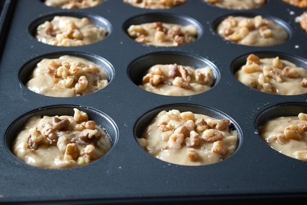 banana nut muffin mix in muffin pans
