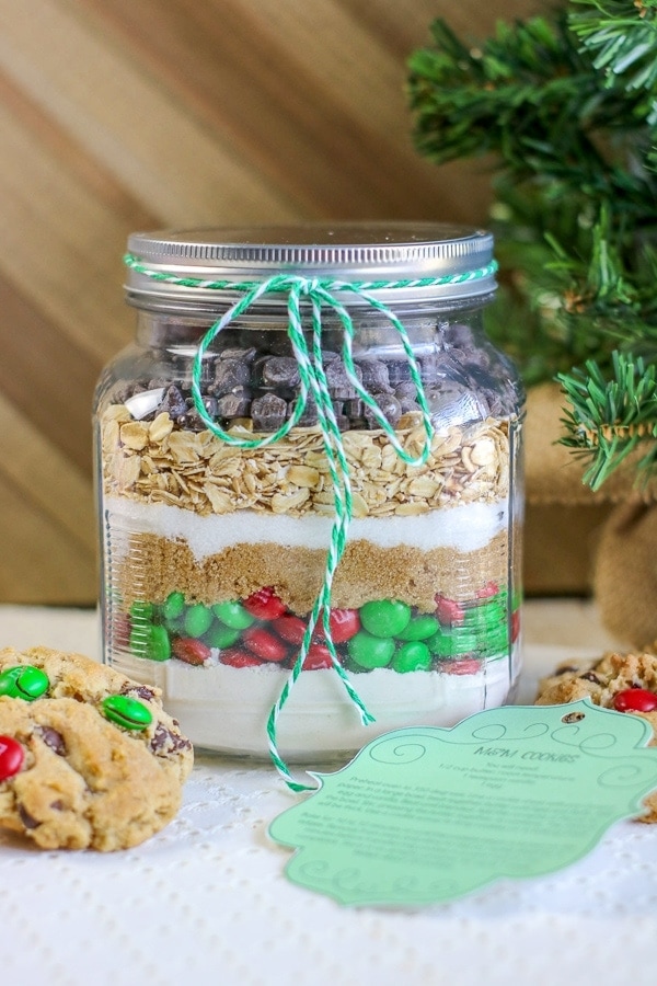 Cookie mix in a Mason Jar with Gift Tag for Christmas Gift
