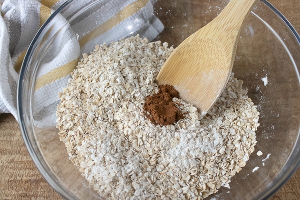 dry ingredients in mixing bowl for soft oatmeal raisin cookies