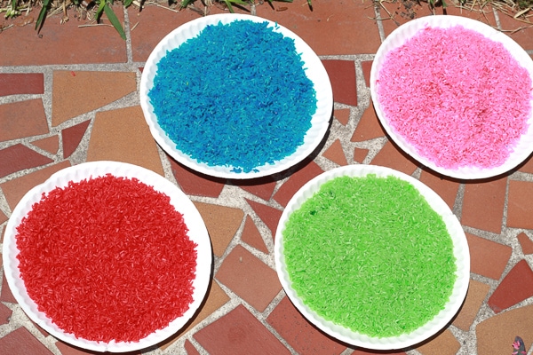 drying dyed rainbow rice in the sun