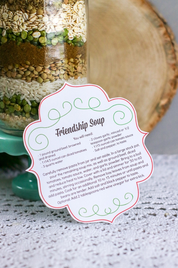 Friendship soup mix in a jar with a printable gift tag