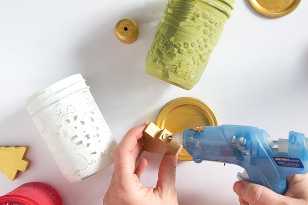 gluing Christmas tree to mason jar lid