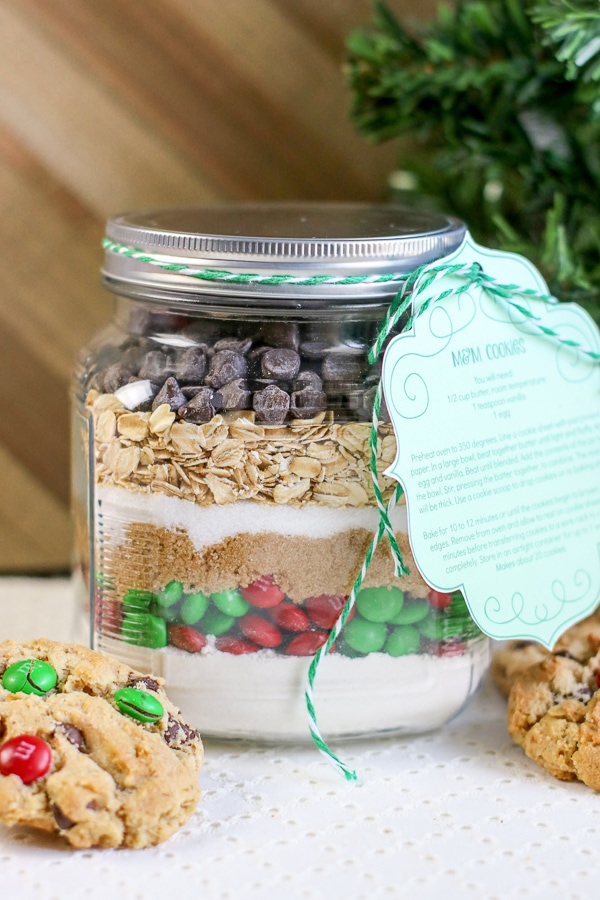 mm cookie mix in a jar gift with printable tag