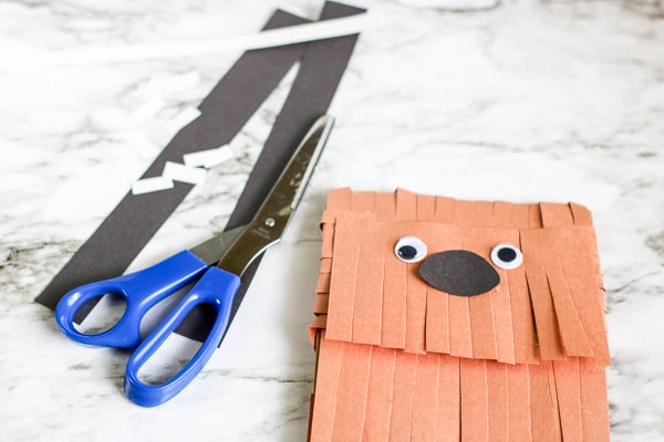 assembling the paper bag puppet's face with a wookiee nose and googley eyes 